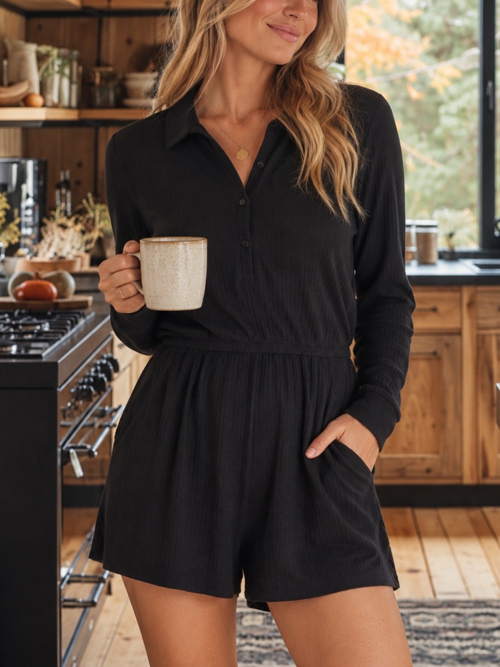 ☕️Z SUPPLY Lyra Ribbed Henley Romper Black Long Sleeve Button Front - Small